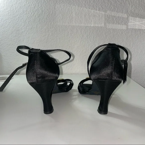 Very Fine Ballroom Salsa Dance Heels - Black Satin with Gold Embellish- Size 7.5 - Picture 5 of 5